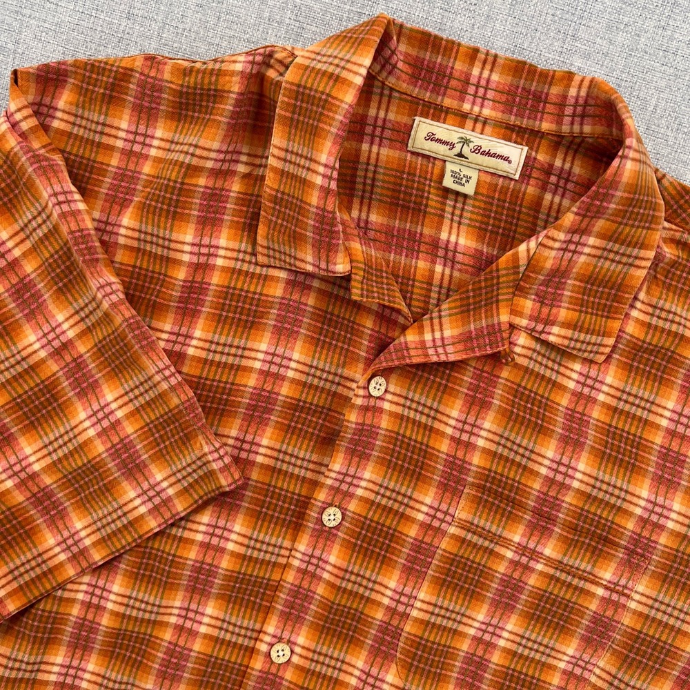 Tommy Bahama Silk Camp Loop Collar Shirt Men Large Orange Plaid Short Sleeve